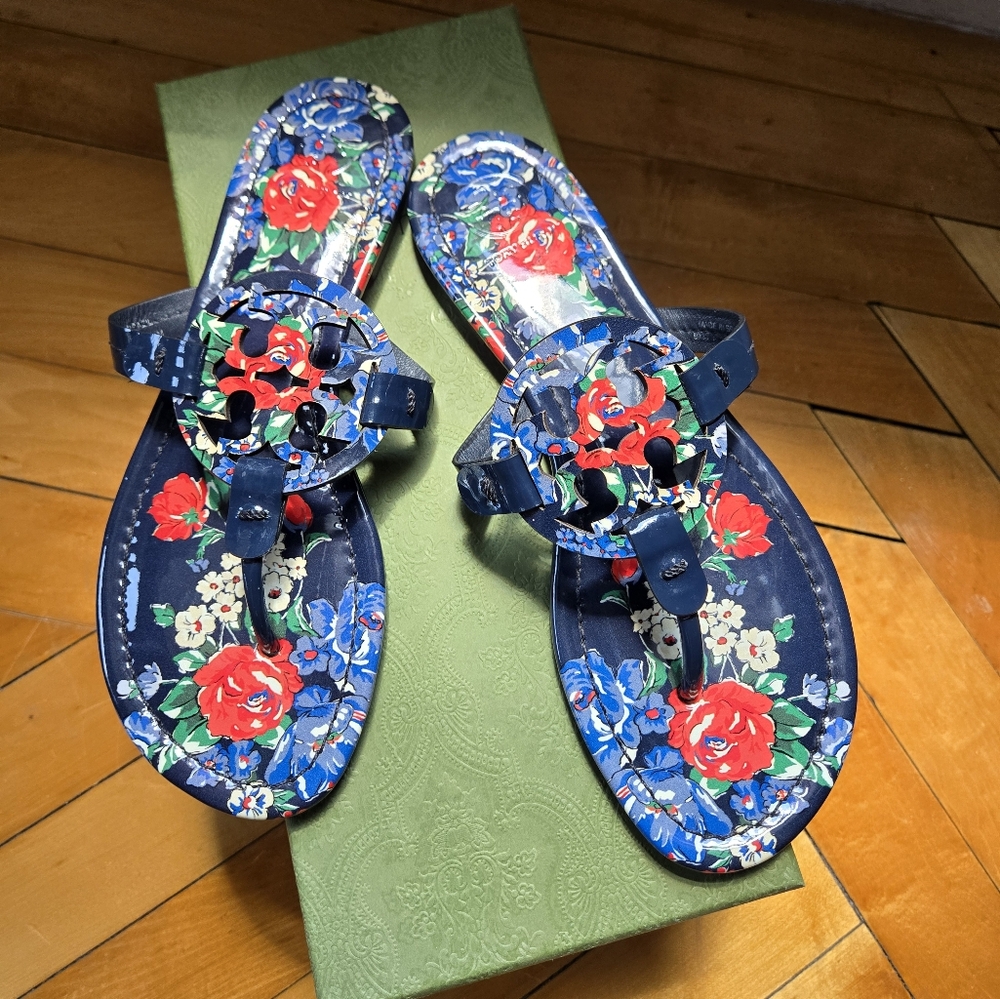 Tory Burch Blue and Red Floral Sandals